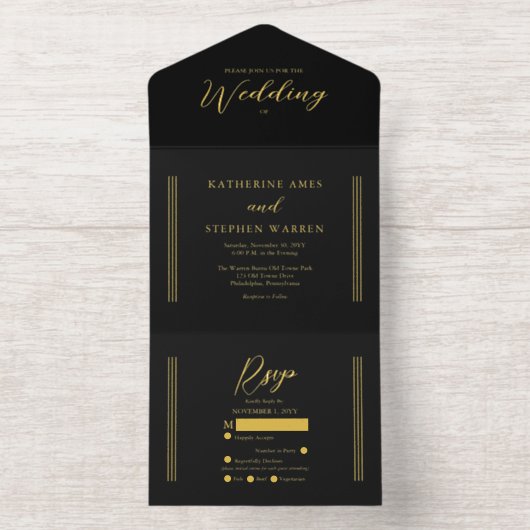 エレガントモダンブラック・ミニマ結婚リスト オールインワン招待状 (内側)