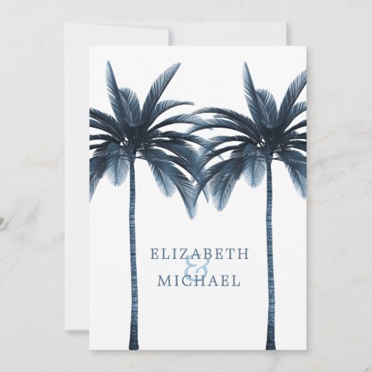 エレガントモダンブルーフォーマル結婚パーム 招待状 (正面)