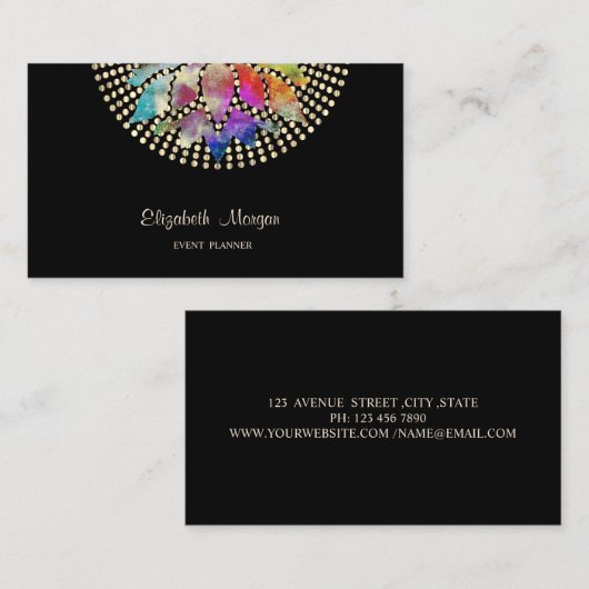 エレガントモダンプロフェッショナル、ブラック、金ゴールドドットロータス 名刺 (正面/裏面)