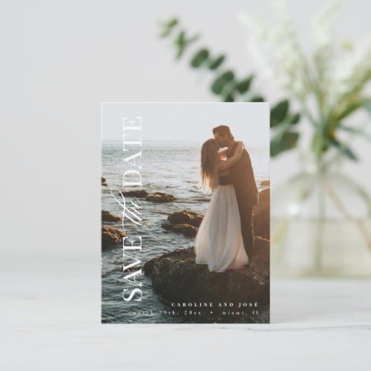 エレガントモダンポートレート写真の保存日付 ポストカード (スタンド正面)