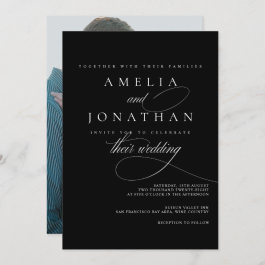 エレガントモダンミニマル結婚スクリプトの起動 招待状 (正面/裏面)