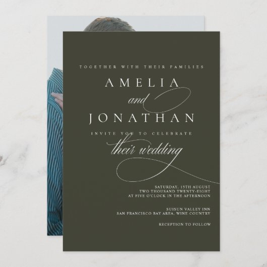 エレガントモダンミニマル結婚スクリプトの起動 招待状 (正面/裏面)