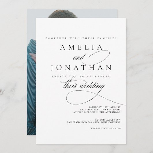 エレガントモダンミニマル結婚スクリプトの起動 招待状 (正面/裏面)