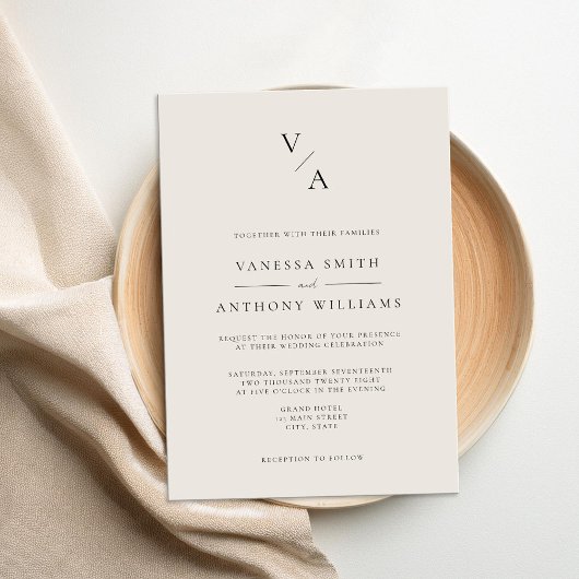 エレガントモダンモノグラム黒とアイボリー結婚ズ 招待状