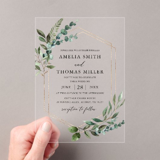 エレガントモダンユーカリ金ゴールド結婚ズ アクリル招待状 (インサイチュ (ポータブル))