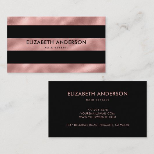 エレガントモダンラグジュアリーブラックとバラ金ゴールドストライプの 名刺 (正面/裏面)