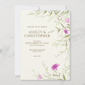 エレガントモダンワイルドフラワー結婚オフホワイト 招待状 (正面)