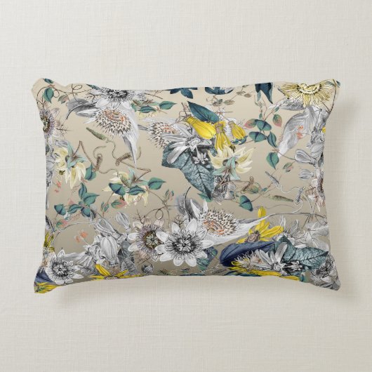 エレガントモダンヴィンテージ金ゴールドグレー黄フローラ アクセントクッション (正面)