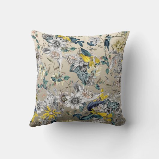 エレガントモダンヴィンテージ金ゴールドグレー黄フローラ クッション (裏面)