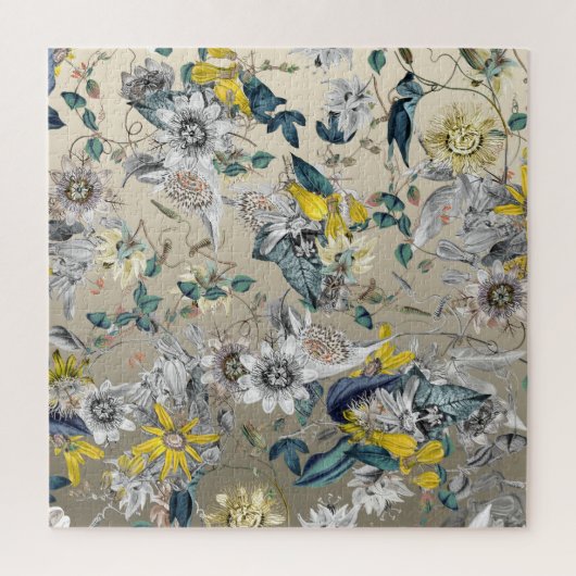 エレガントモダンヴィンテージ金ゴールドグレー黄フローラ ジグソーパズル (縦)