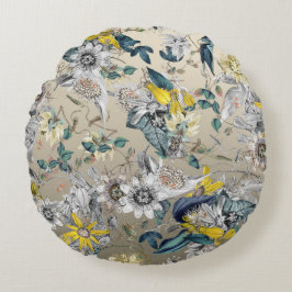 エレガントモダンヴィンテージ金ゴールドグレー黄フローラ ラウンドクッション
