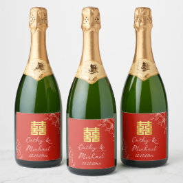 エレガントモダン中国の結婚のフローラは赤 スパークリングワインラベル