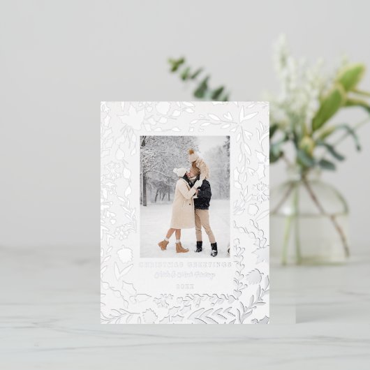 エレガントモダン冬植物写真シルバー 箔シーズンポストカード (立ち正面)