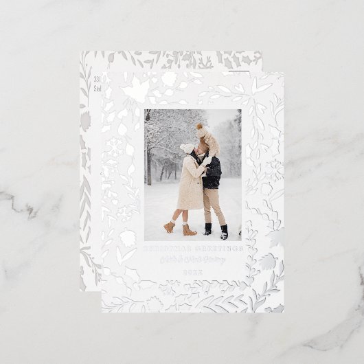 エレガントモダン冬植物写真シルバー 箔シーズンポストカード (正面/裏面)