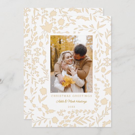 エレガントモダン冬植物写真金ゴールド シーズンカード (正面/裏面)