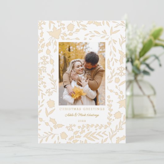 エレガントモダン冬植物写真金ゴールド シーズンカード (スタンド正面)