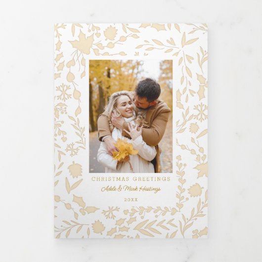 エレガントモダン冬植物写真金ゴールド 三つ折りカード (カバー)