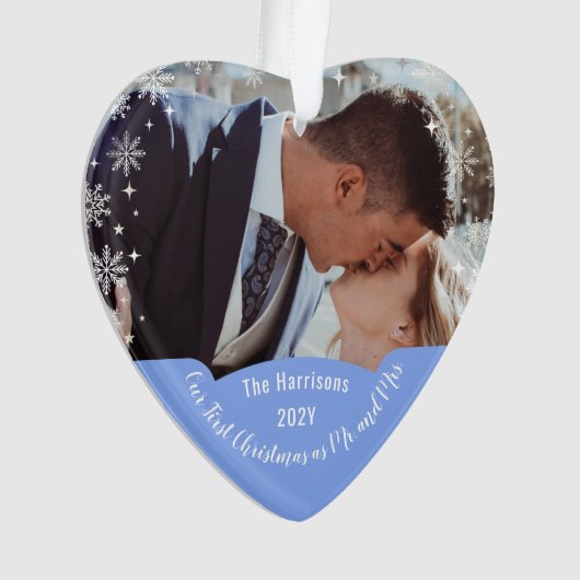 エレガントモダン初めてのクリスマスMr. Mrs. ハート写真 オーナメント (正面)