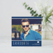 エレガントモダン卒業スタイリッシュ写真青&白 案内状 (スタンド正面)