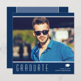 エレガントモダン卒業スタイリッシュ写真青&白 案内状
