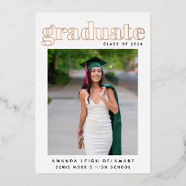 エレガントモダン卒業写真バラ金ゴールド 箔招待状