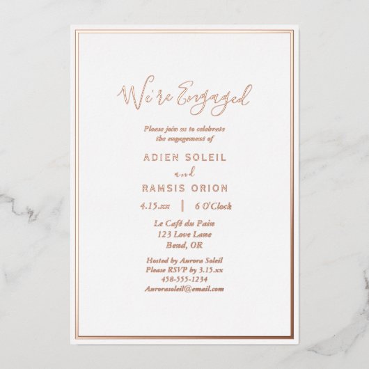 エレガントモダン婚約バラ婚約した金ゴールド 箔招待状 (正面)