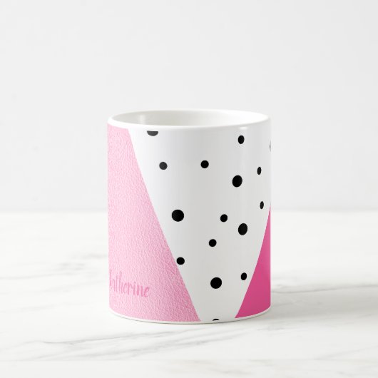 エレガントモダン幾何ピンクレザーブラックドット コーヒーマグカップ (中央)