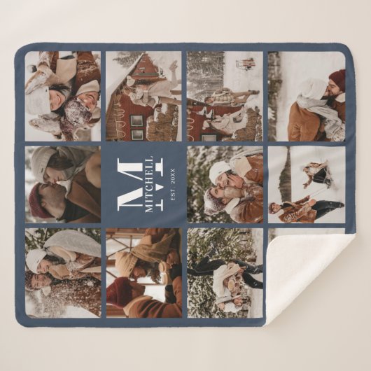 エレガントモダン数々のPhoto Collage Navy Blue シェルパブランケット (正面(横))
