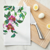 エレガントモダン水色ダークピンク野花 キッチンタオル (四つ折り)