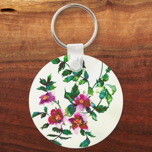 エレガントモダン水色ダークピンク野花 キーホルダー (正面)