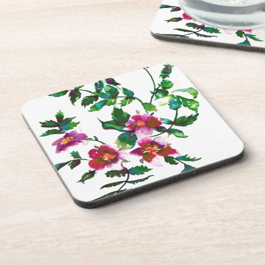 エレガントモダン水色ダークピンク野花 コースター (左側)