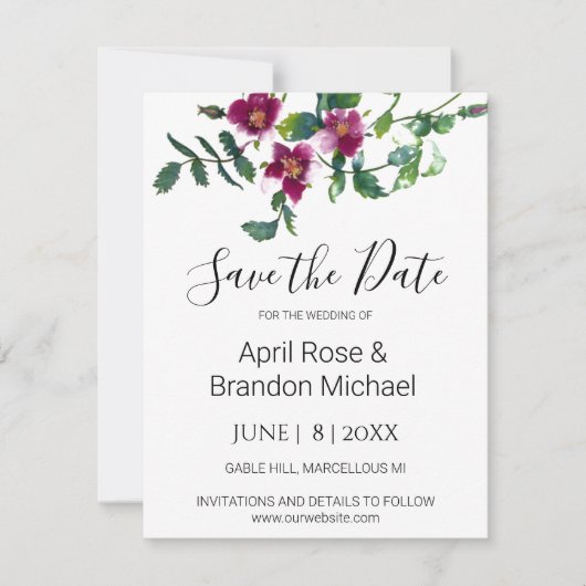 エレガントモダン水色ダークピンク野花 セーブザデート (正面)