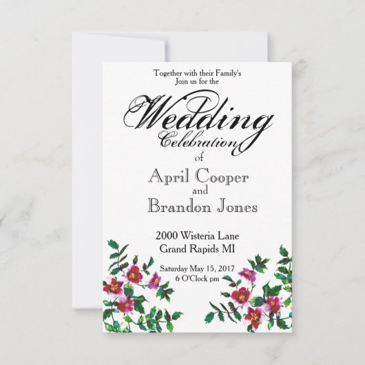 エレガントモダン水色ダークピンク野花 招待状 (正面)