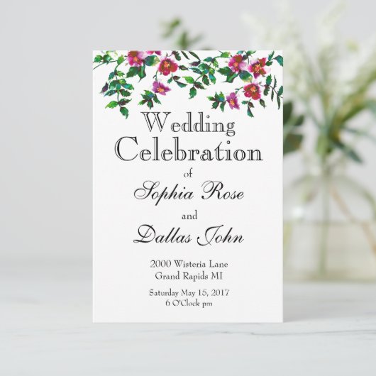 エレガントモダン水色ダークピンク野花 招待状 (スタンド正面)