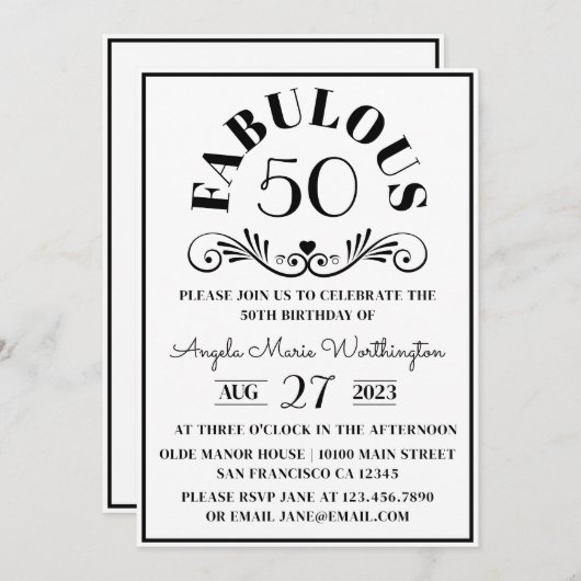 エレガントモダン白黒素晴らしい五十パーティー 招待状 (正面/裏面)