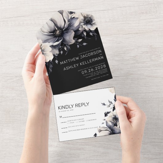 エレガントモダン白黒結婚フローラ オールインワン招待状 (貼ってはがせる)