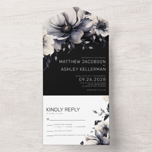 エレガントモダン白黒結婚フローラ オールインワン招待状 (内側)