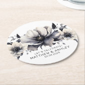 エレガントモダン白黒結婚フローラ ラウンドペーパーコースター (アングル)