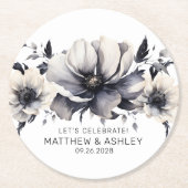 エレガントモダン白黒結婚フローラ ラウンドペーパーコースター (正面)