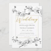 エレガントモダン白黒金ゴールドフローラ結婚の 招待状 (正面/裏面)