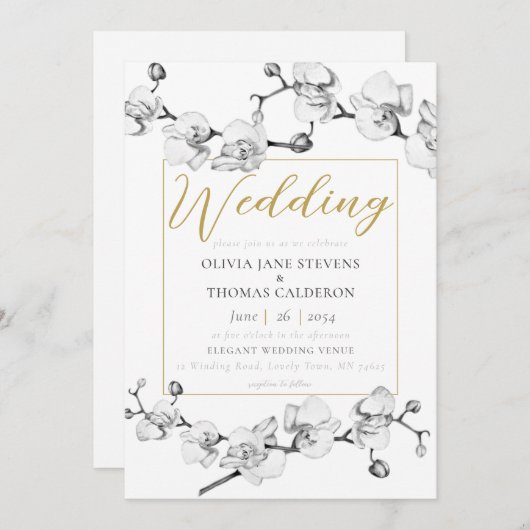 エレガントモダン白黒金ゴールドフローラ結婚の 招待状 (正面/裏面)