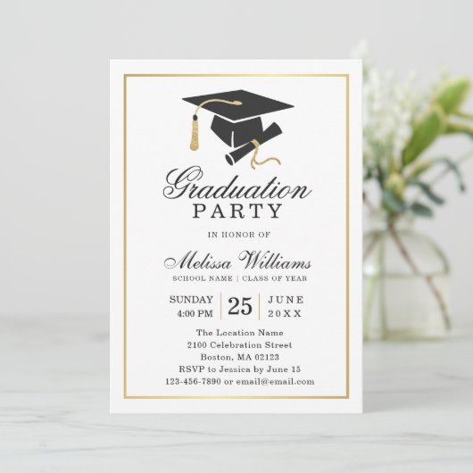 エレガントモダン白黒金ゴールド卒業党 招待状 (スタンド正面)