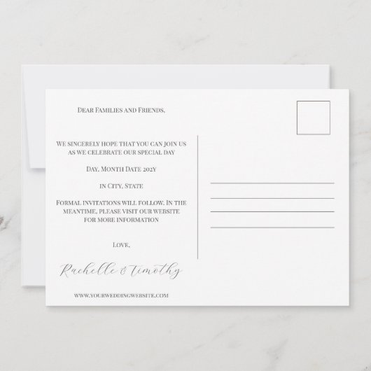 エレガントモダン白黒Script写真結婚の セーブザデート (裏面)