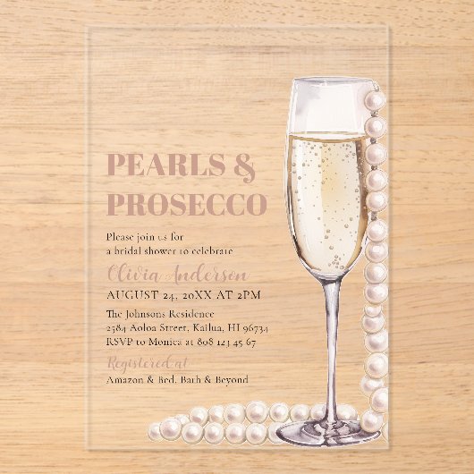 エレガントモダン真珠とプロセッコブライダルシャワー アクリル招待状 (正面)