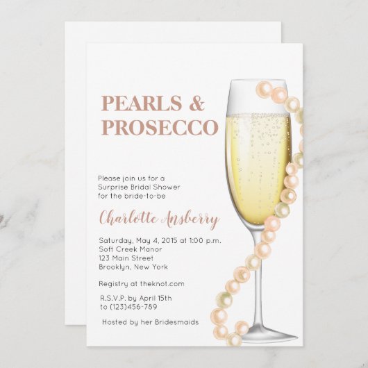 エレガントモダン真珠とプロセッコブライダルシャワー 招待状 (正面/裏面)