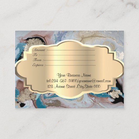 エレガントモダン紙吹雪、金ゴールドフレーム、大理石、石 割引カード (裏面)