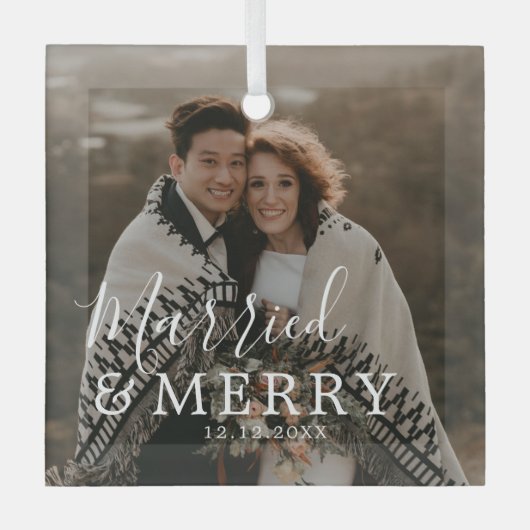 エレガントモダン結婚したと写真メリー ガラスオーナメント (正面)