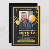エレガントモダン誕生日黒金ゴールド写真パーティー 案内状 (正面/裏面)