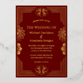 エレガントモダン赤金ゴールド結婚インディアン 箔招待状 (正面)