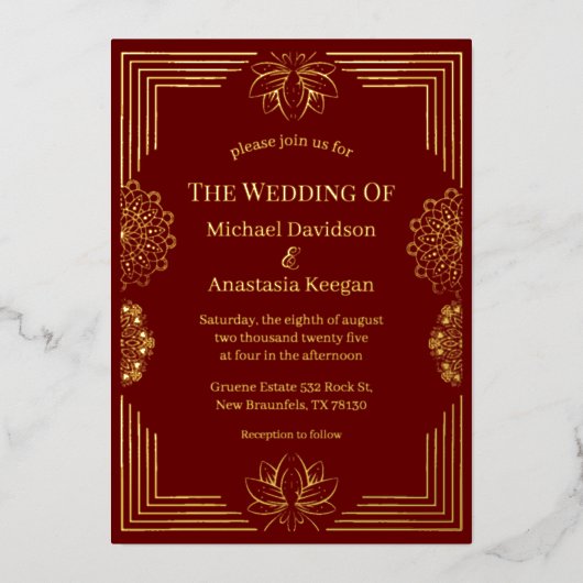 エレガントモダン赤金ゴールド結婚インディアン 箔招待状 (正面)